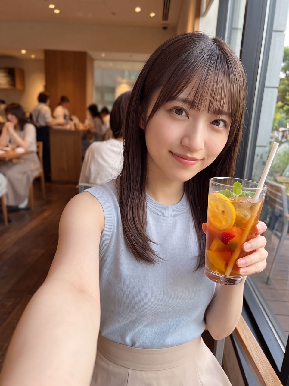 落ち着いたカフェ店内の窓際席でアイスティーのグラスを掲げて微笑む橘ひかり