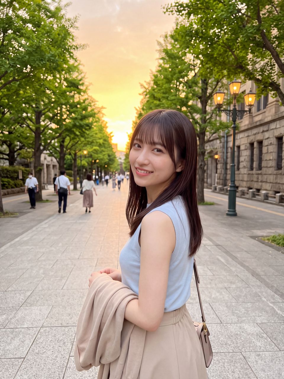 黄金色に染まる夕暮れの並木道を歩きながら振り返って優しく微笑む橘ひかり