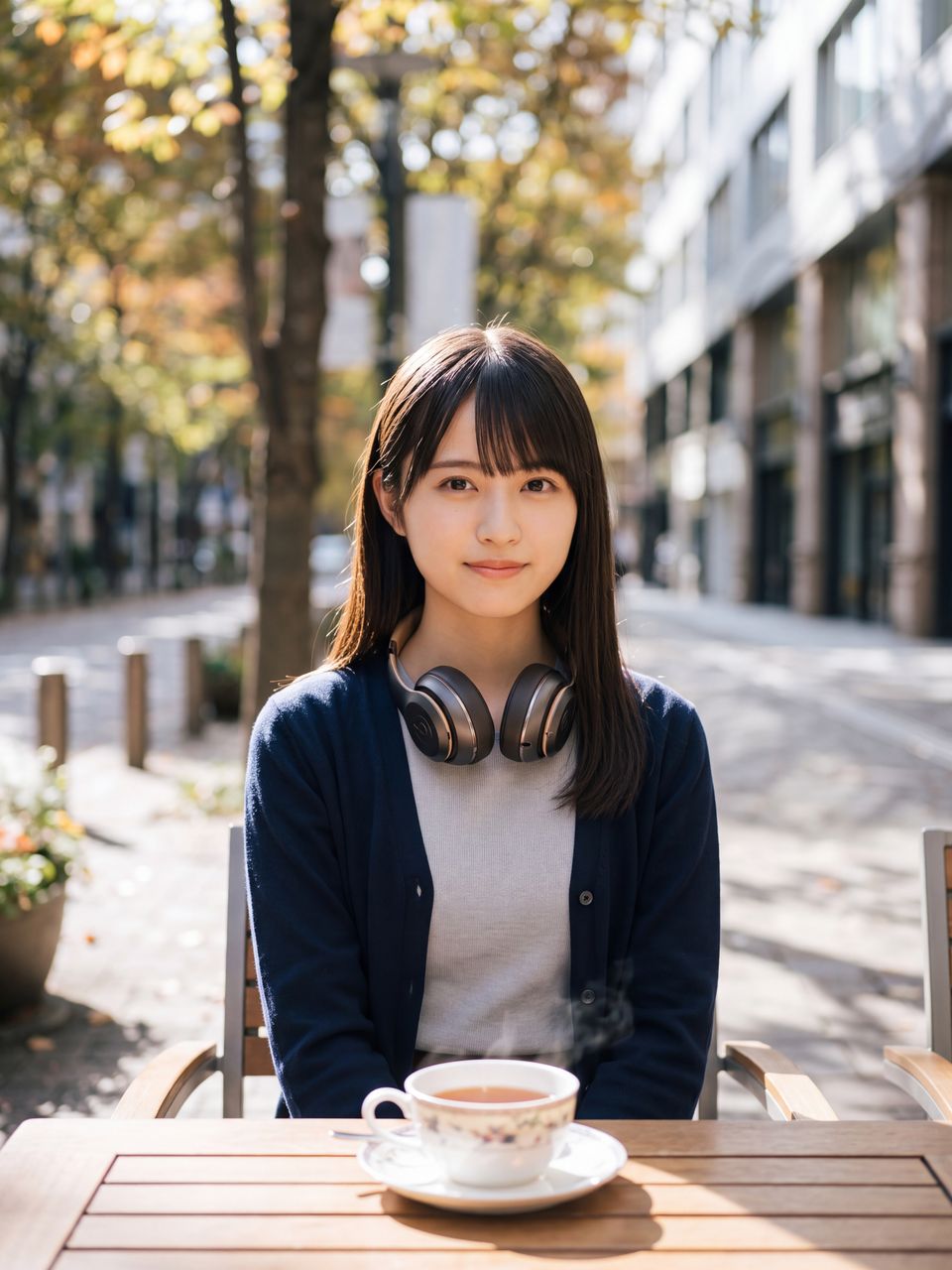 テラス席で秋風を感じながら微笑む蒼井瑠璃