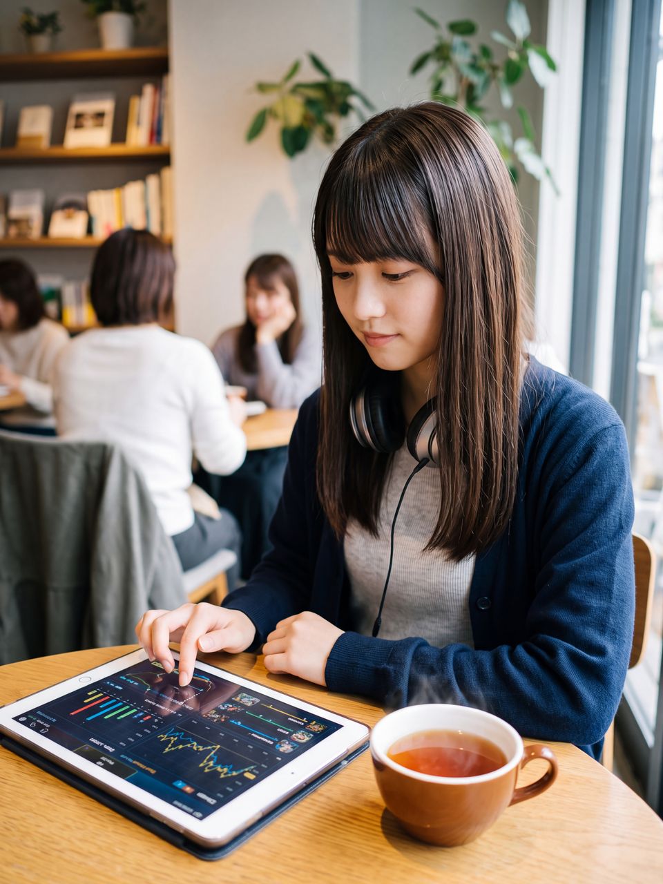 タブレットと温かいお茶でリラックスする蒼井瑠璃
