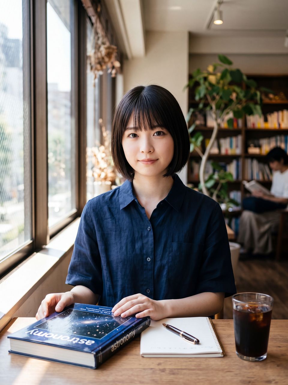 ブックカフェの窓辺で天文学書とアイスコーヒーを前に静かに微笑む星野美月