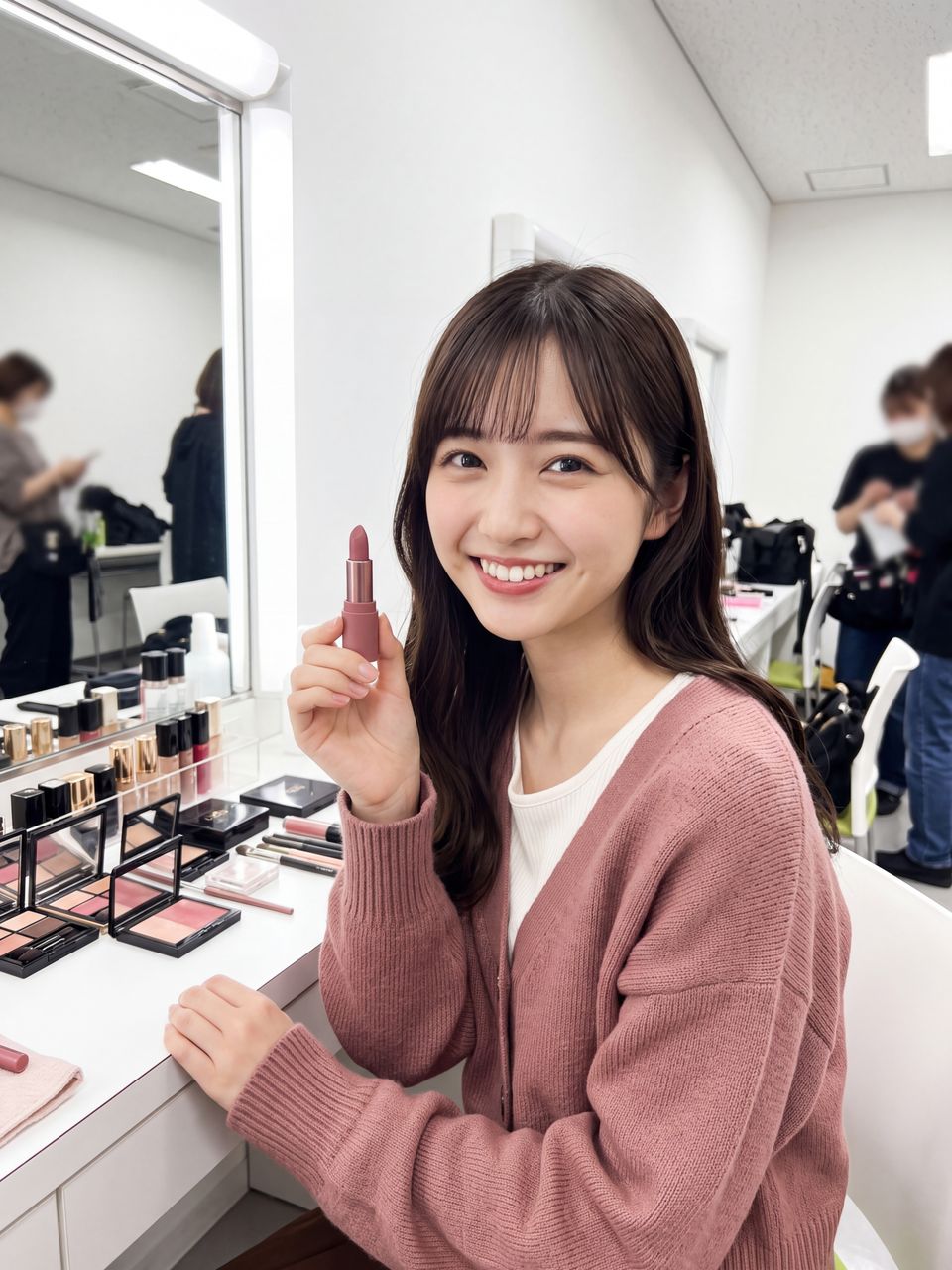 メイクルームのドレッサー前で秋色ピンクリップを手に満面の笑顔を見せる私服姿の夢咲さくら