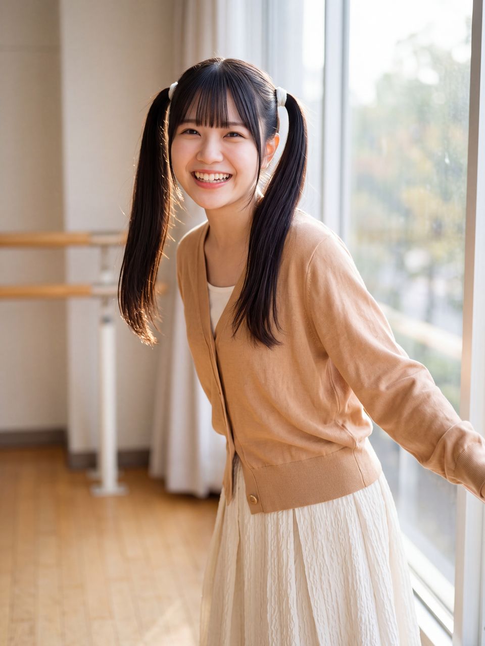 ダンススタジオの窓際で満面の笑みを浮かべる葉月柚子