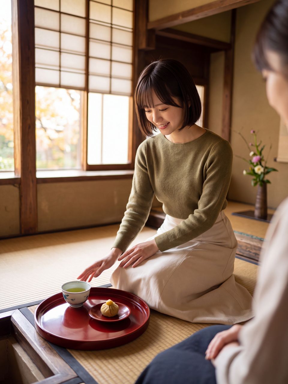 茶室で手作りの栗きんとんを前に穏やかに微笑む白石紬の上品なショット