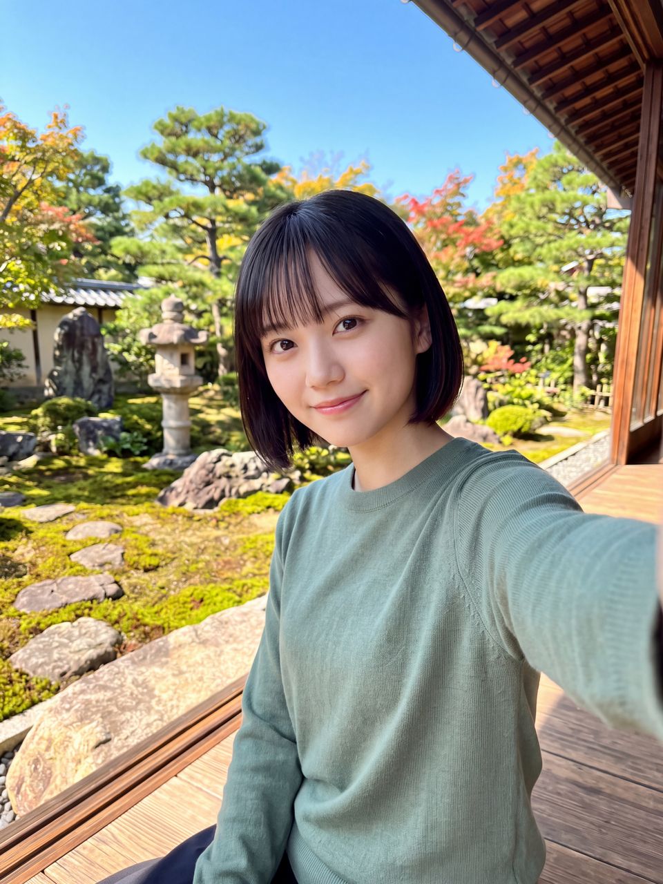 庭園を望む縁側で初秋の澄んだ空気を胸いっぱいに感じながら優しく微笑む白石紬の自撮りショット