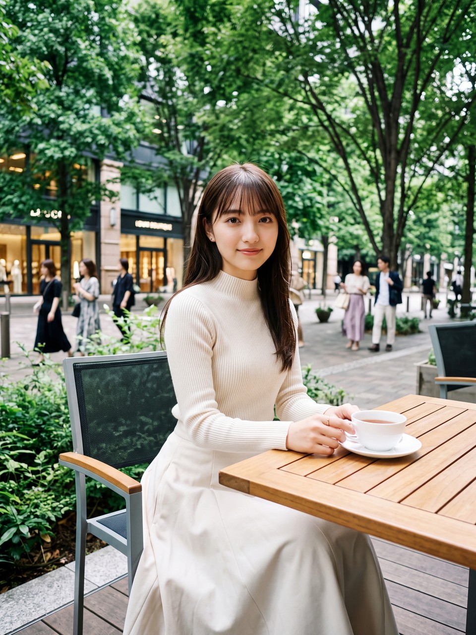 初秋のテラスカフェで温かいアールグレイのティーカップに手を添え優雅に微笑む如月玲奈の上品なショット