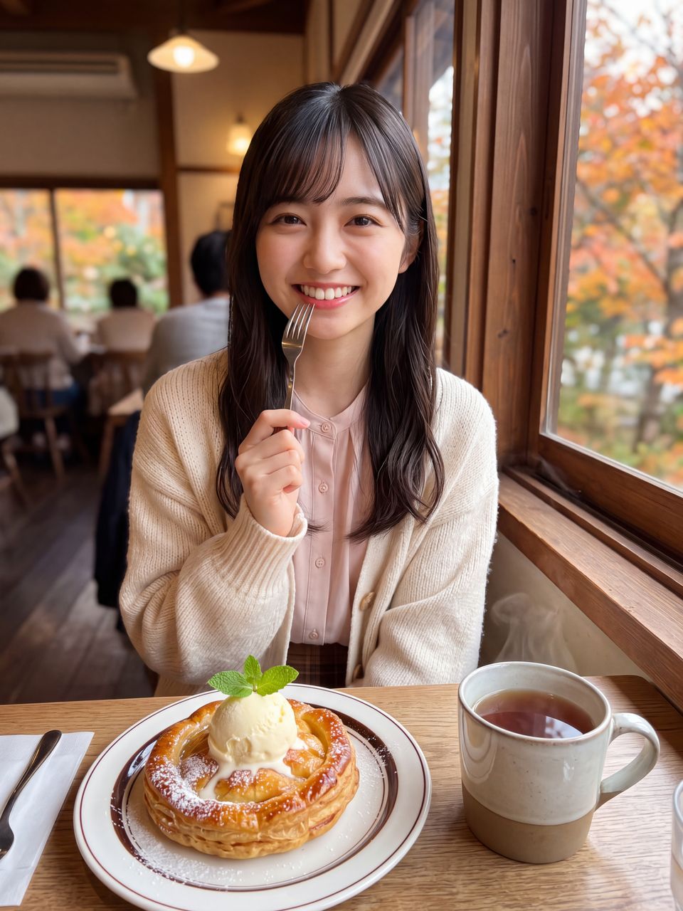 秋のカフェで焼きたてサクサクのアップルパイを前に満面の笑顔を見せる夢咲さくら