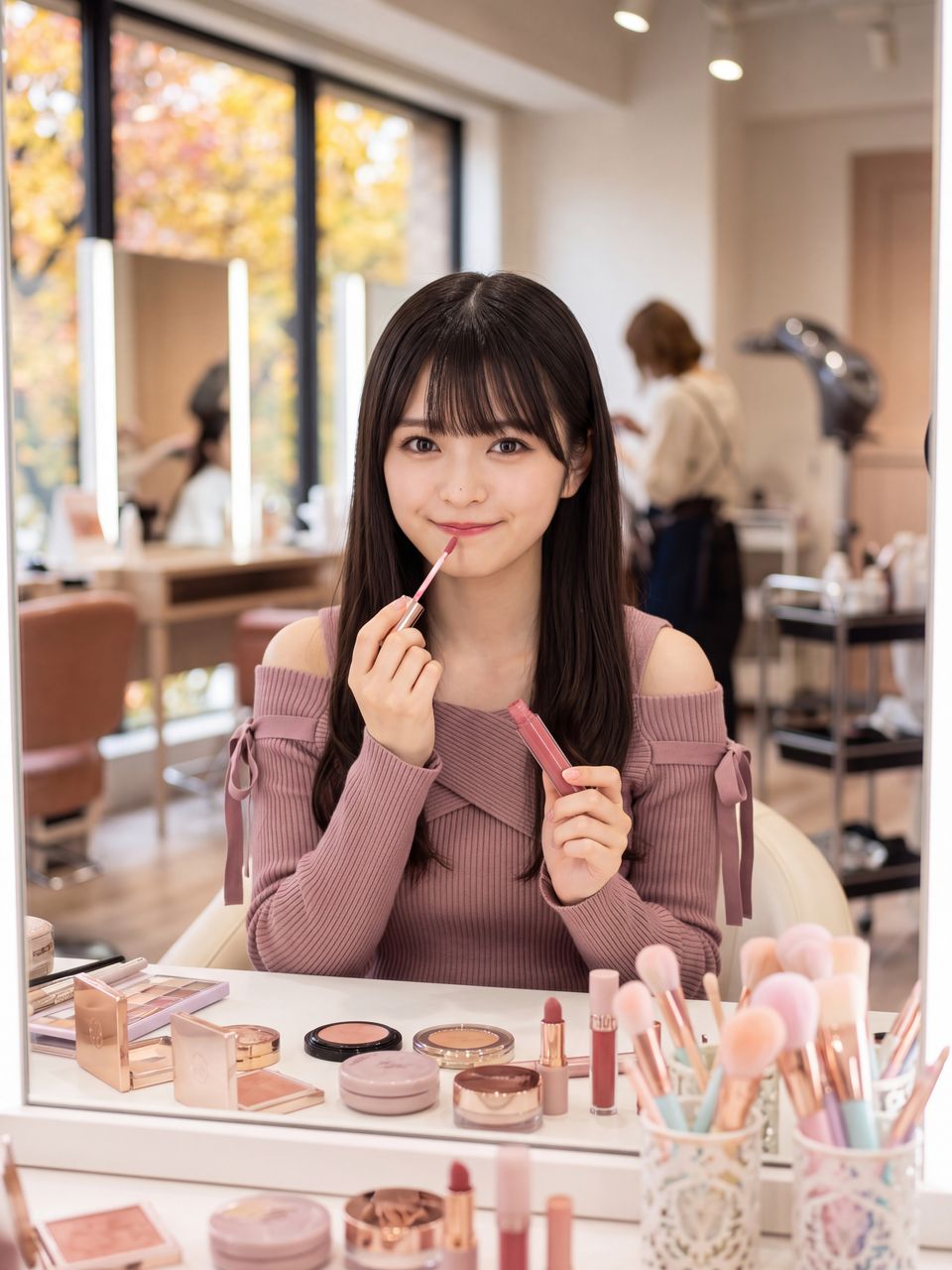 ブティックのドレッサー前で新作秋色リップを手に持ちあざと可愛く微笑む姫宮桃