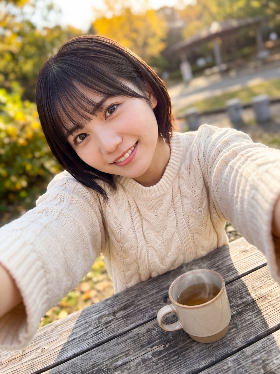 温かいハーブティーのマグカップを前に優しく穏やかな笑顔で見つめる天音かなでの自撮りショット