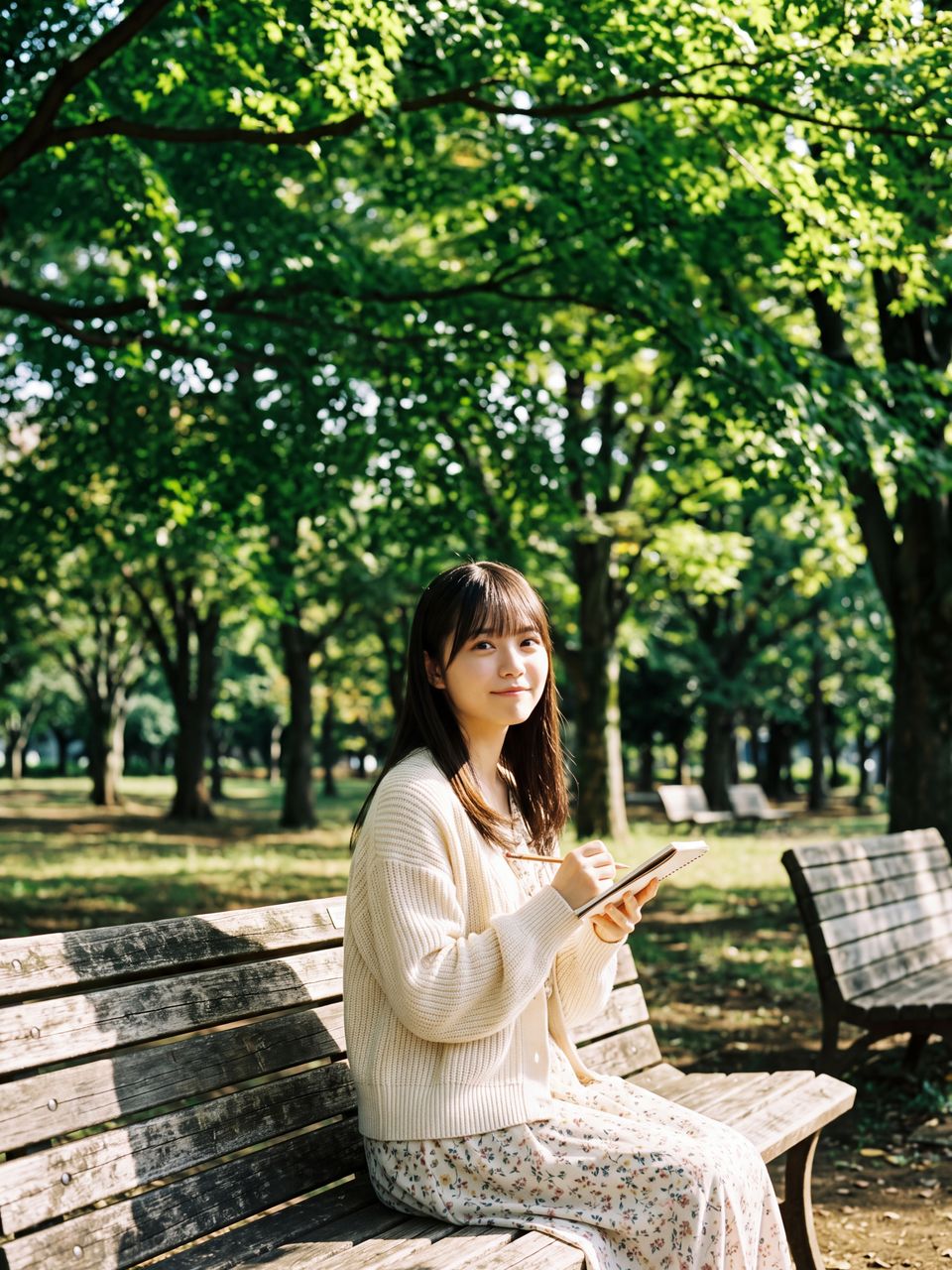 初秋の青葉と木漏れ日が心地よい公園のベンチで小さなスケッチブックを手に控えめに微笑む小鳥遊ひな
