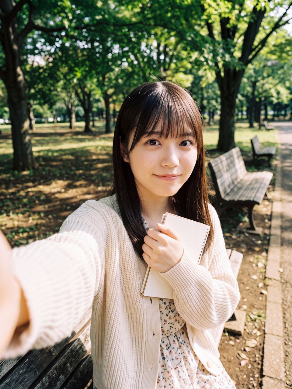 初秋の緑と柔らかな午後の光を背景にスケッチブックを胸に抱いて優しく微笑む小鳥遊ひなの自撮りショット