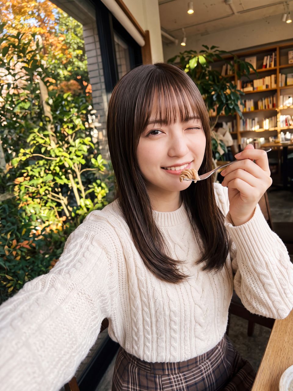 秋限定の和栗スイーツをフォークに乗せて、茶目っ気味のある笑顔で自撮りする橘ひかり