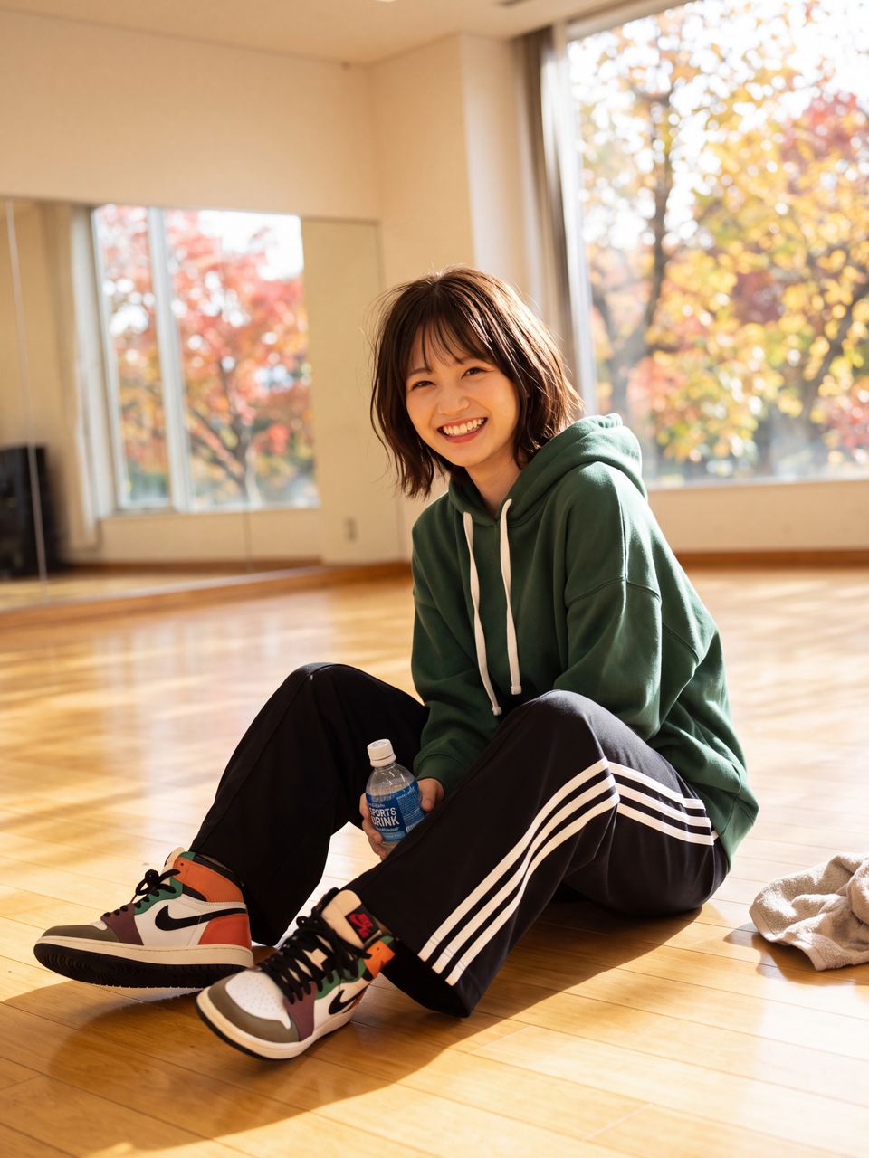 秋晴れの光が差し込むダンススタジオの床に座り、スポーツドリンクを手にして満面の笑みを浮かべる神楽坂舞