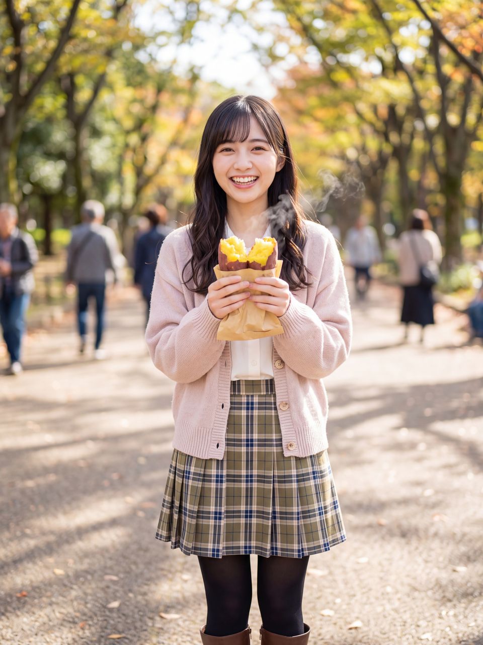 秋晴れの公園で焼きたてアツアツの黄色い焼き芋を嬉しそうに両手で見せる夢咲さくら