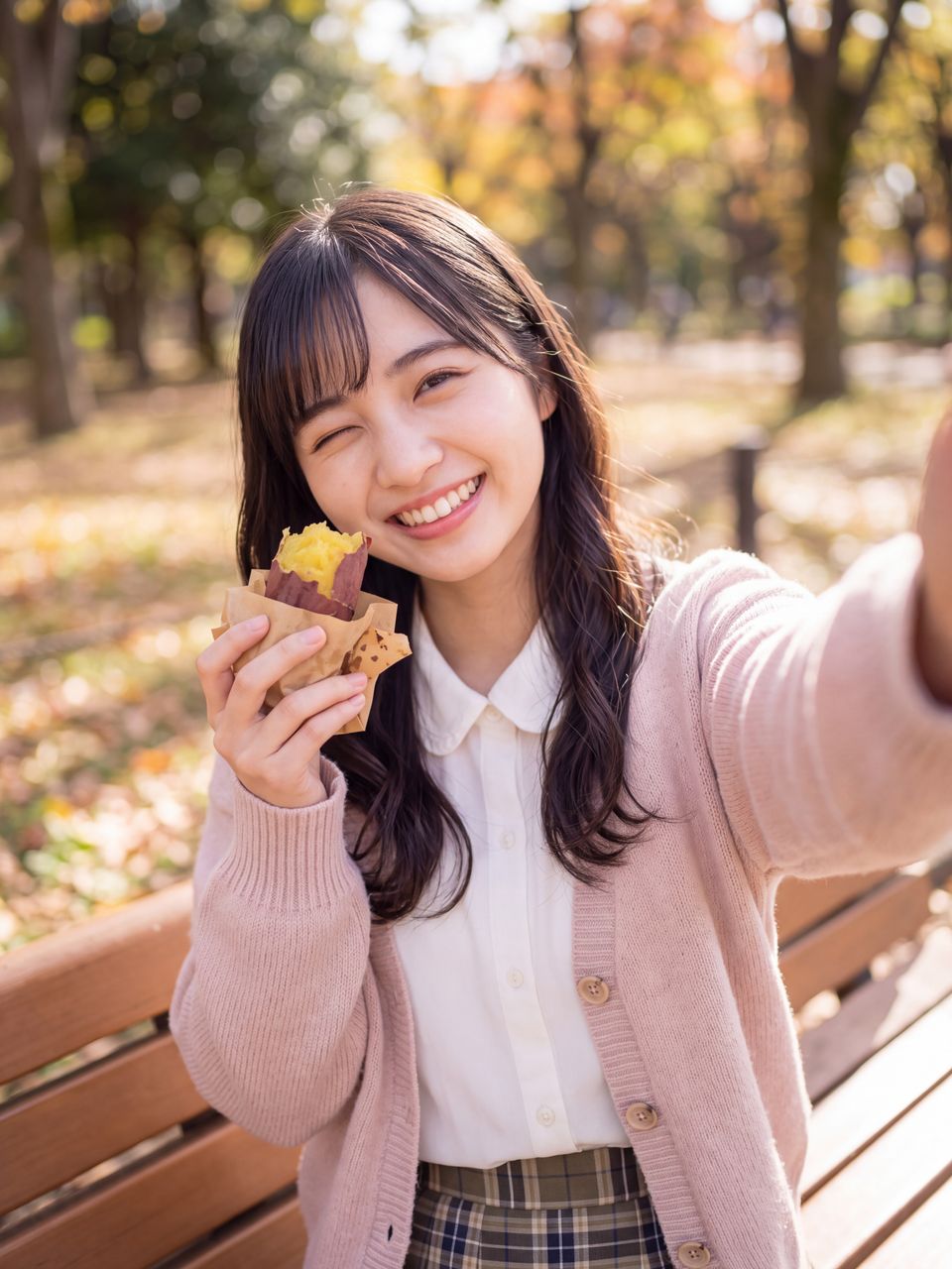 公園のベンチで焼き芋を片手にキュートにウインク自撮りをする夢咲さくら