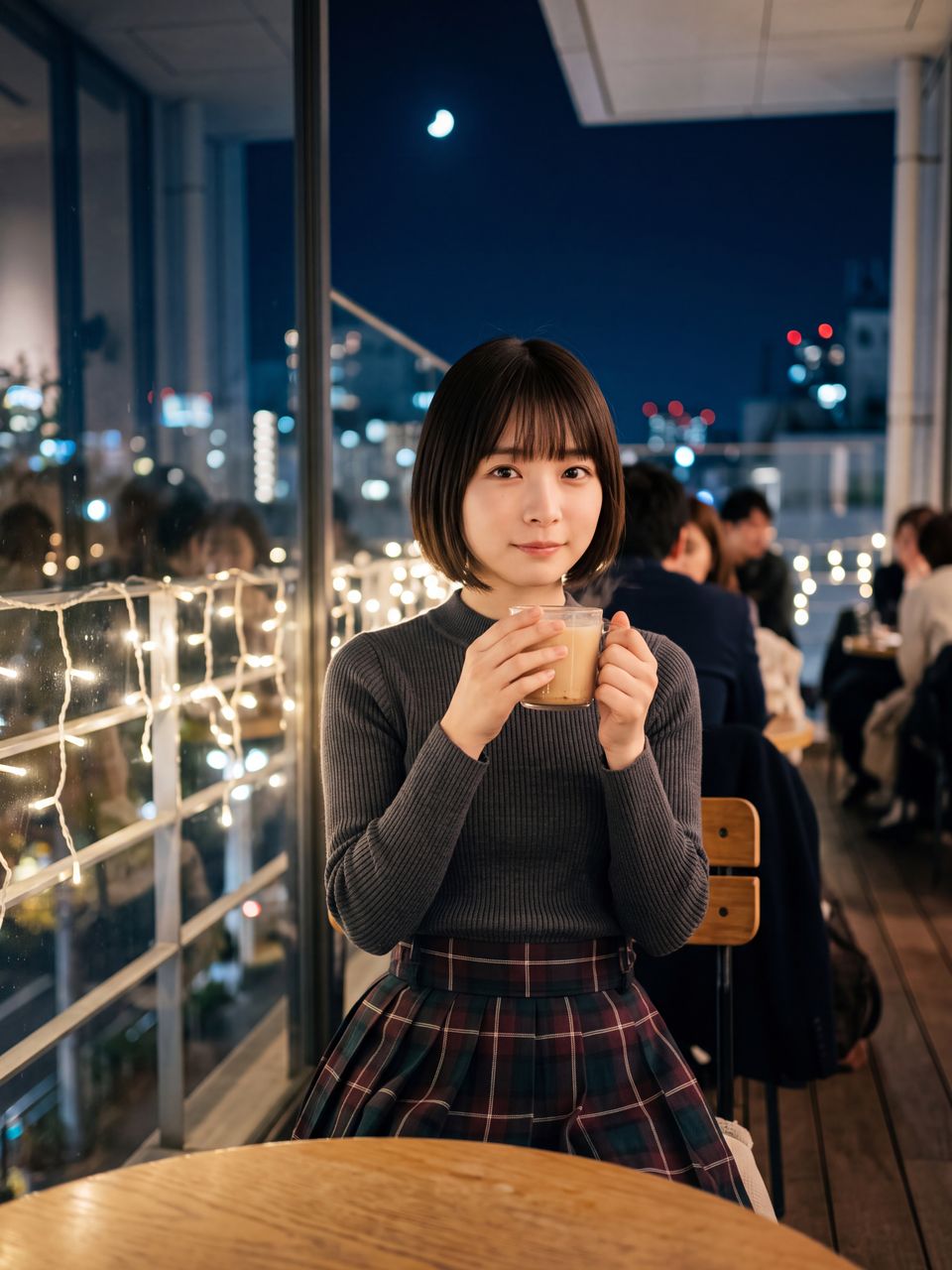 秋の澄んだ夜空が広がるテラス席で温かいチャイのマグカップを両手で持ち微かに微笑む星野美月
