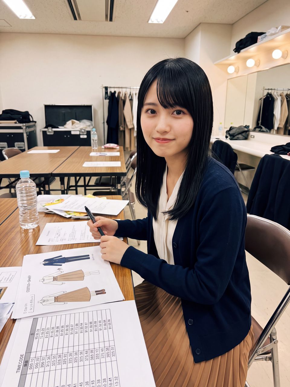 リハーサル控室のデスクでタイムコード表と衣装シートを前にペンを手に微笑む蒼井瑠璃
