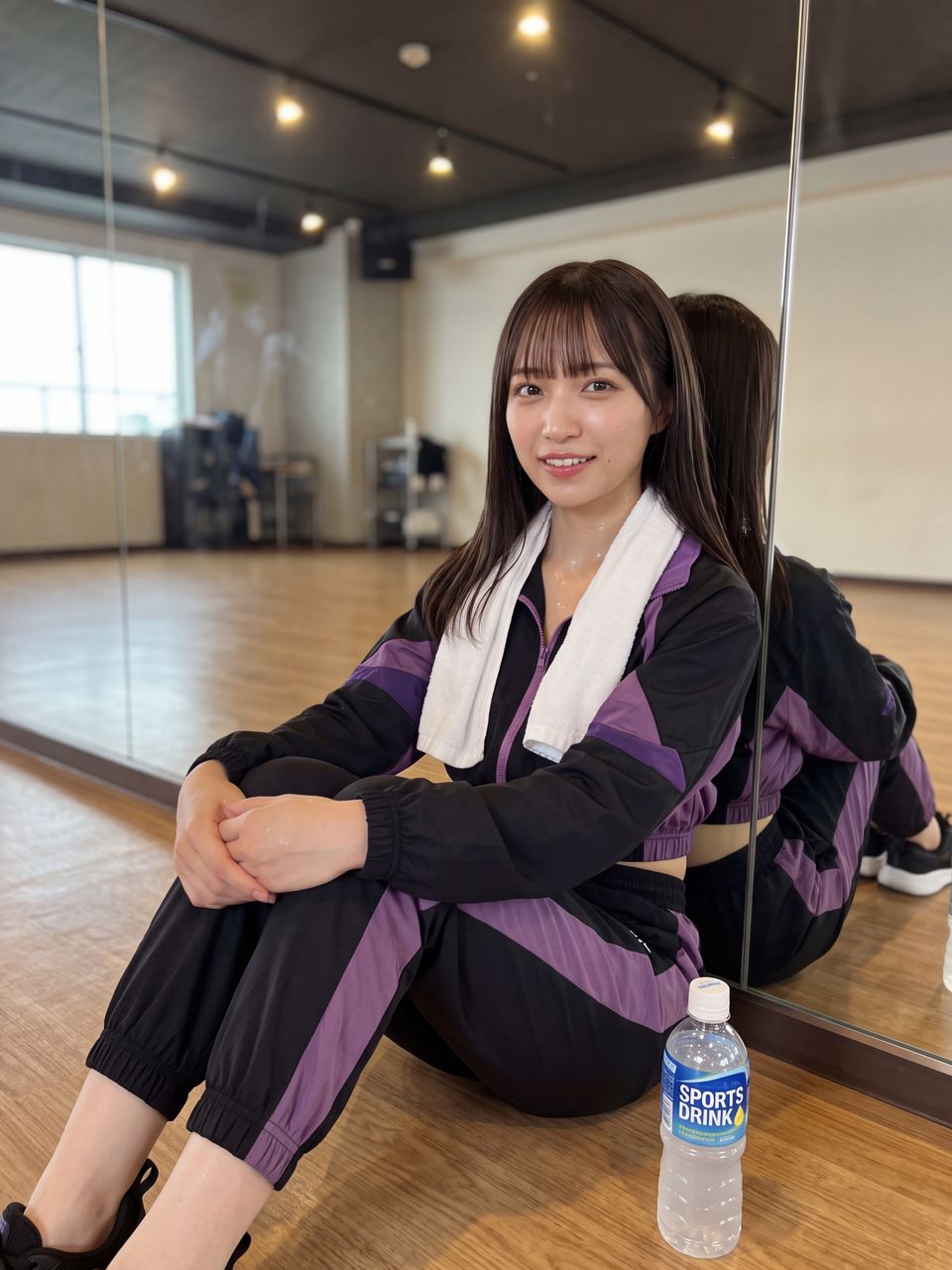 ダンススタジオの壁際で鏡に寄りかかり、レッスン着姿で凛とした微笑みを浮かべてカメラを見つめる橘ひかり