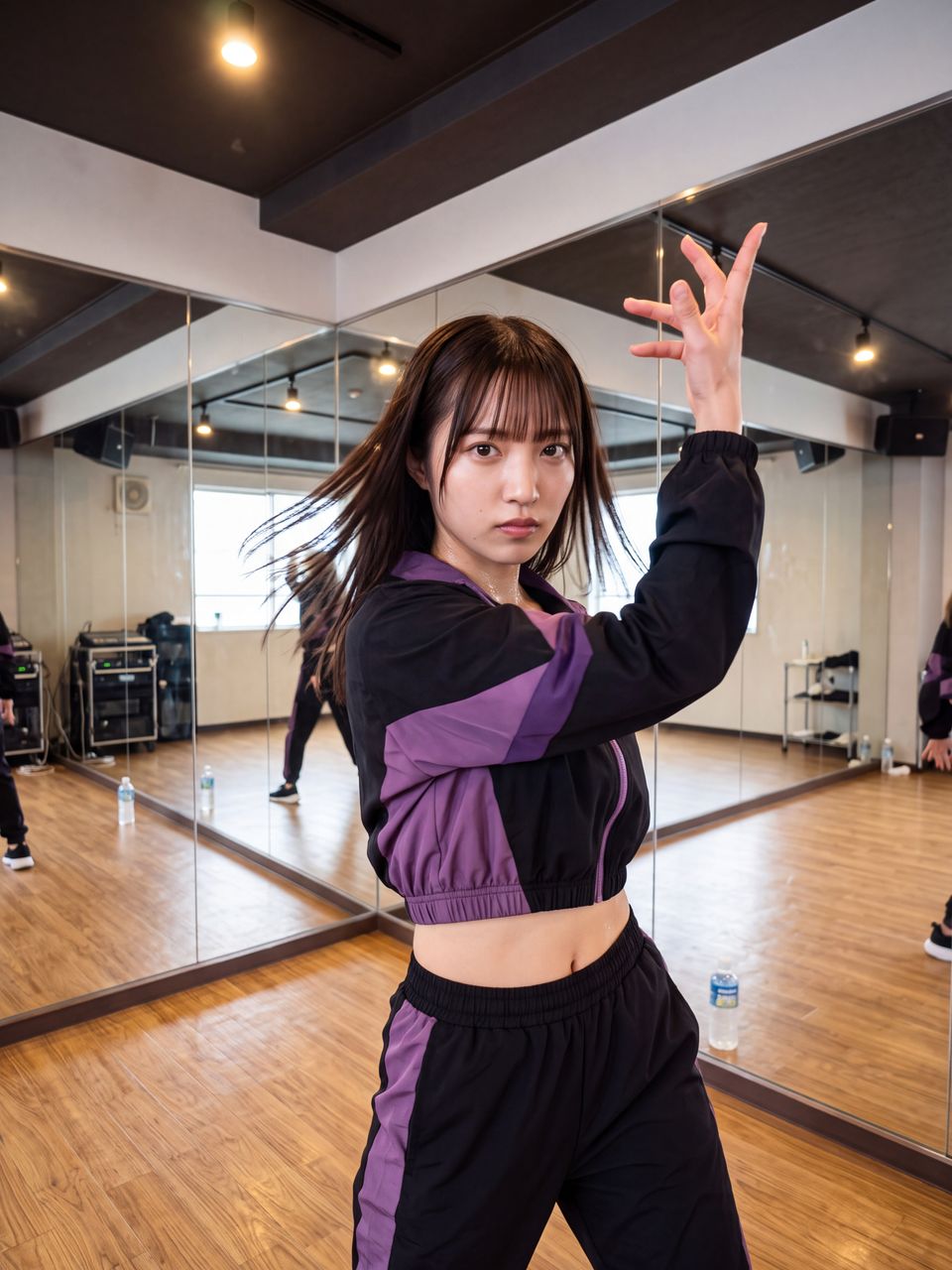 スタジオ中央で指先まで神経を行き届かせ、真剣な眼差しで新曲BORDERの決めポーズを練習する橘ひかり