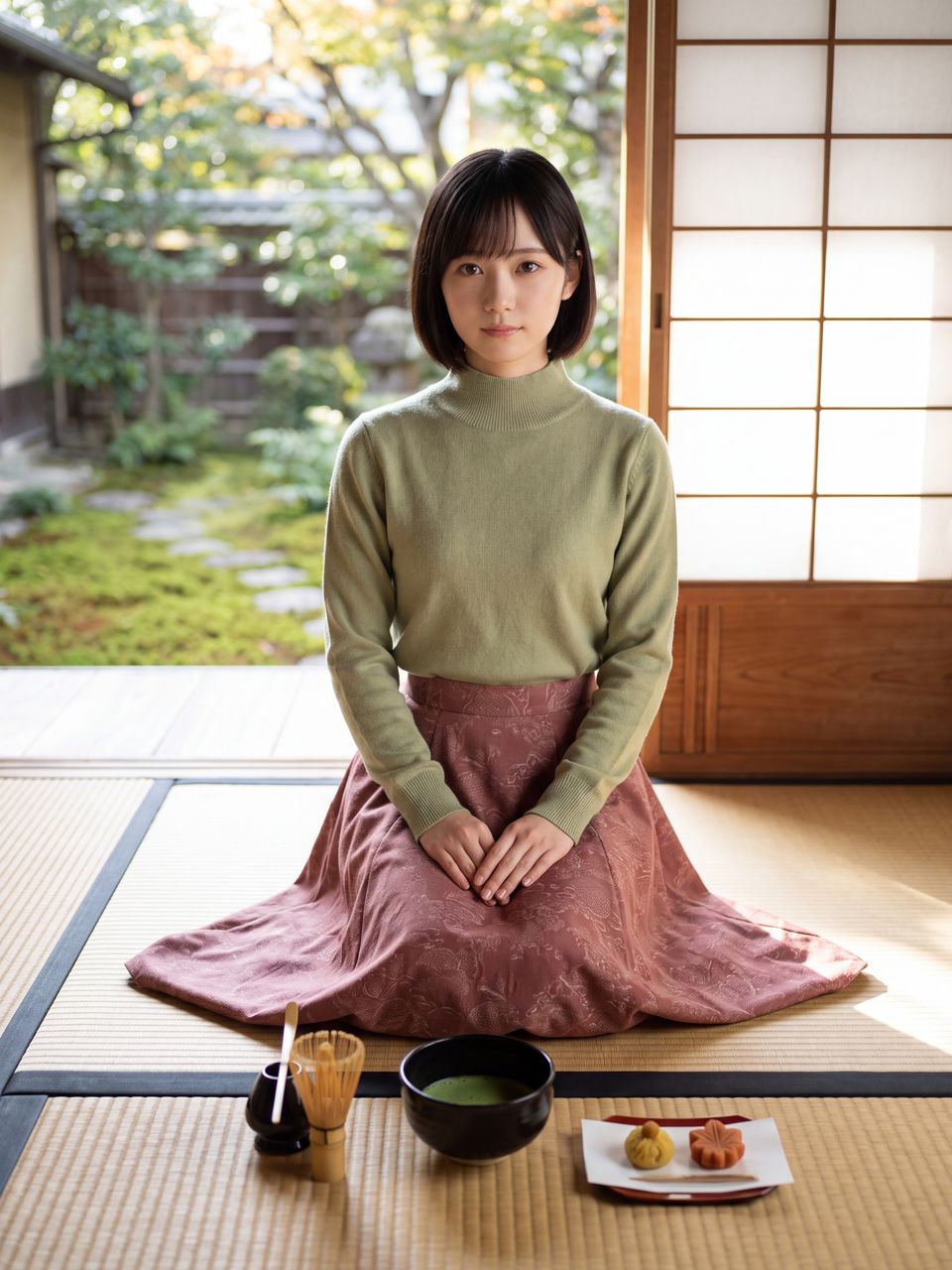秋の和室の畳の上で背筋を正し、丁寧に点てたお抹茶と秋の和菓子を前に静かに微笑む白石紬