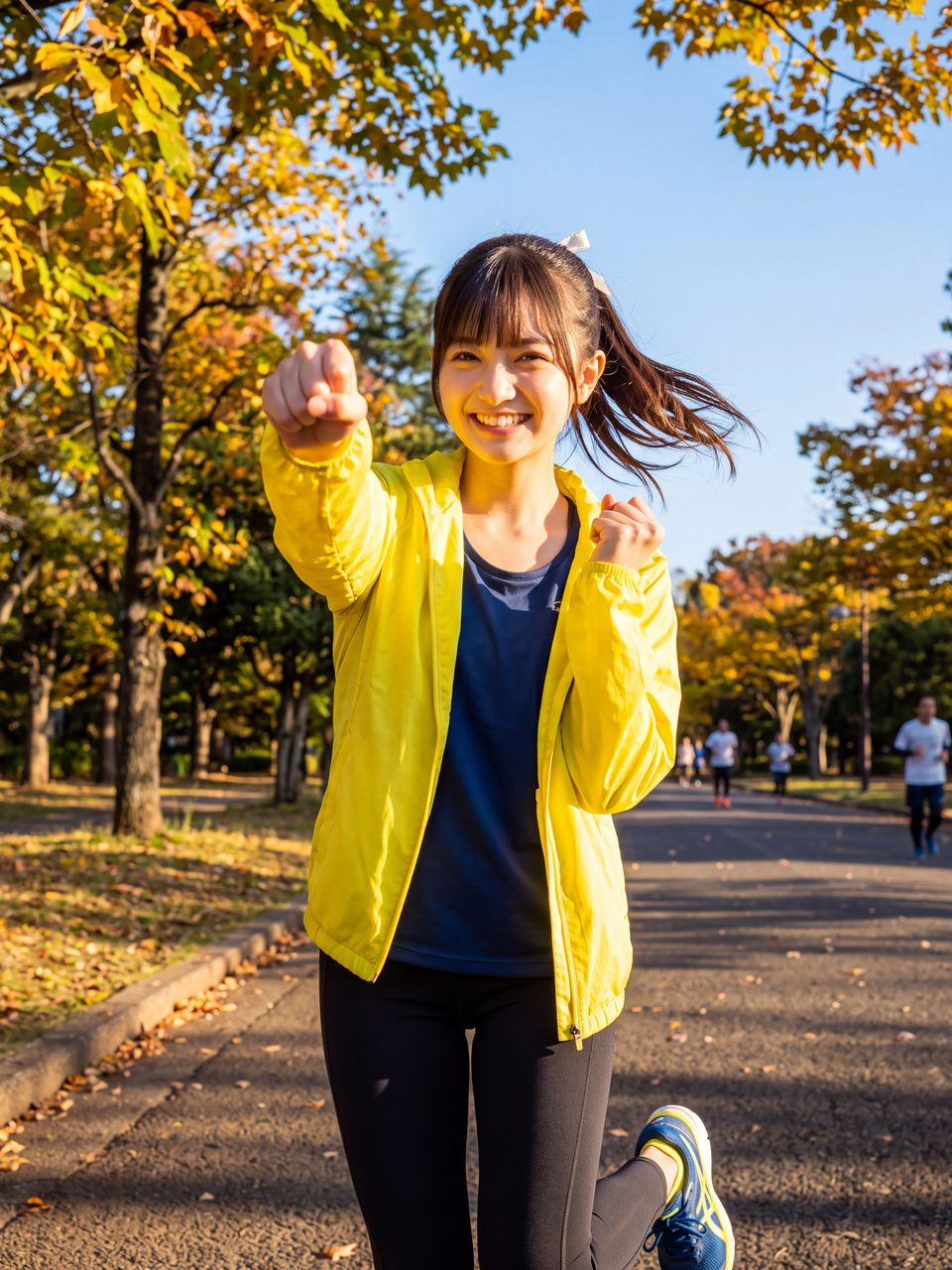 秋晴れの公園で朝陽の木漏れ日を浴びながら満面の太陽笑顔で両手ダブルガッツポーズを決める瀬戸朝陽