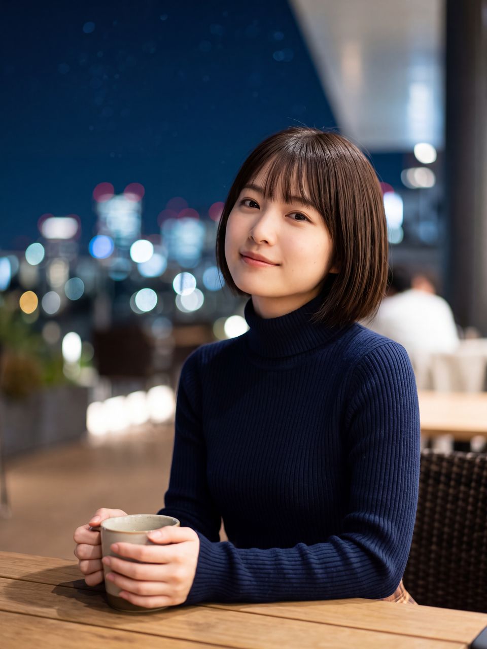 秋の澄んだ夜空が広がるテラス席で温かいハーブティーのマグカップを両手で持ち穏やかに微笑みながらカメラを見つめる星野美月