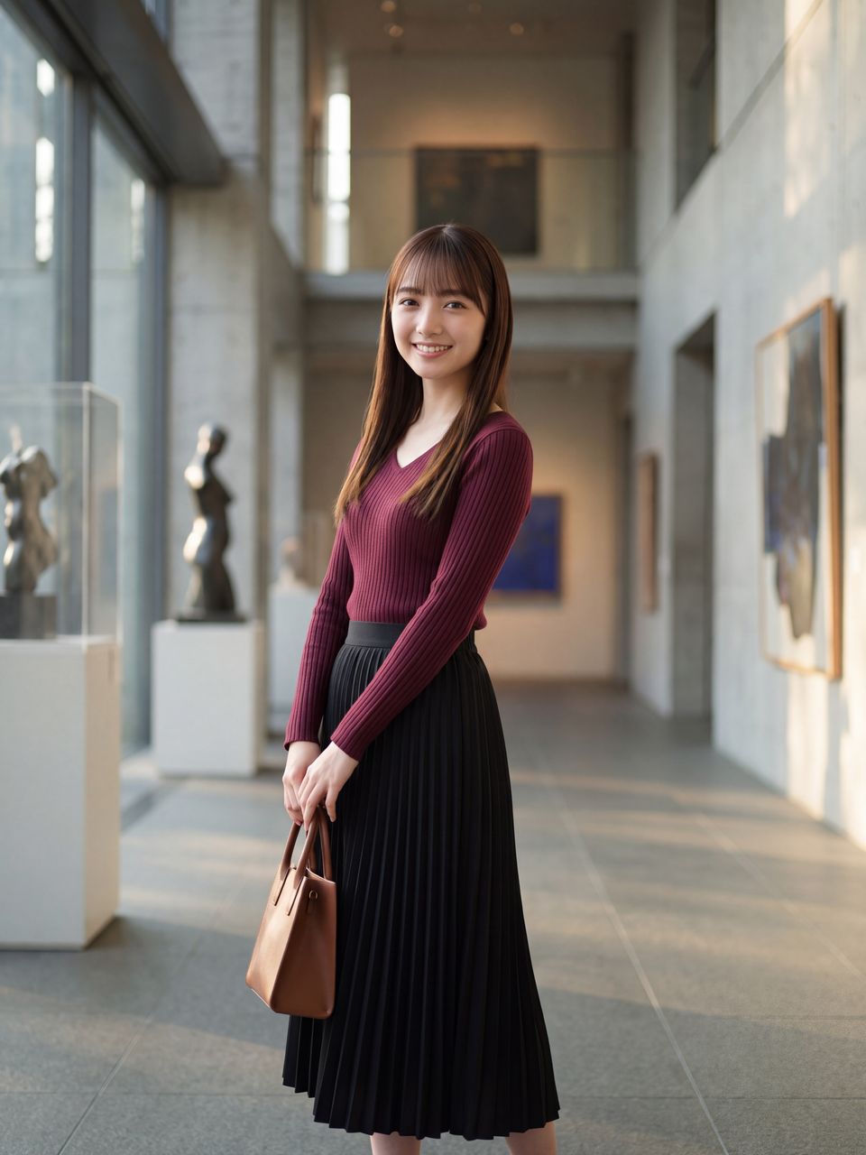 柔らかな秋の自然光が差し込む美術館のエントランス回廊でボルドーのリブニットを纏い優雅に佇む如月玲奈