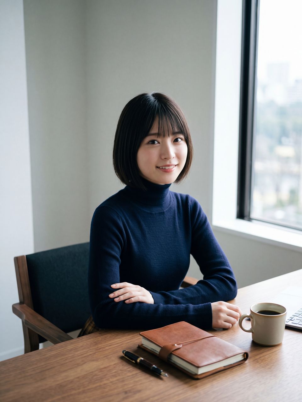 朝の柔らかな光が差し込む静かな窓辺のデスクで革表紙の観測手帳とコーヒーを前に穏やかに微笑む星野美月
