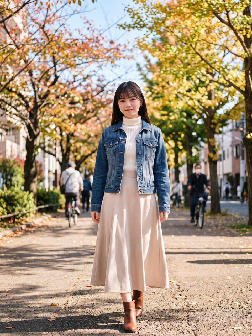 秋の柔らかな木漏れ日が降り注ぐ並木道でGジャンを羽織り少しはにかみながら微笑む小鳥遊ひな