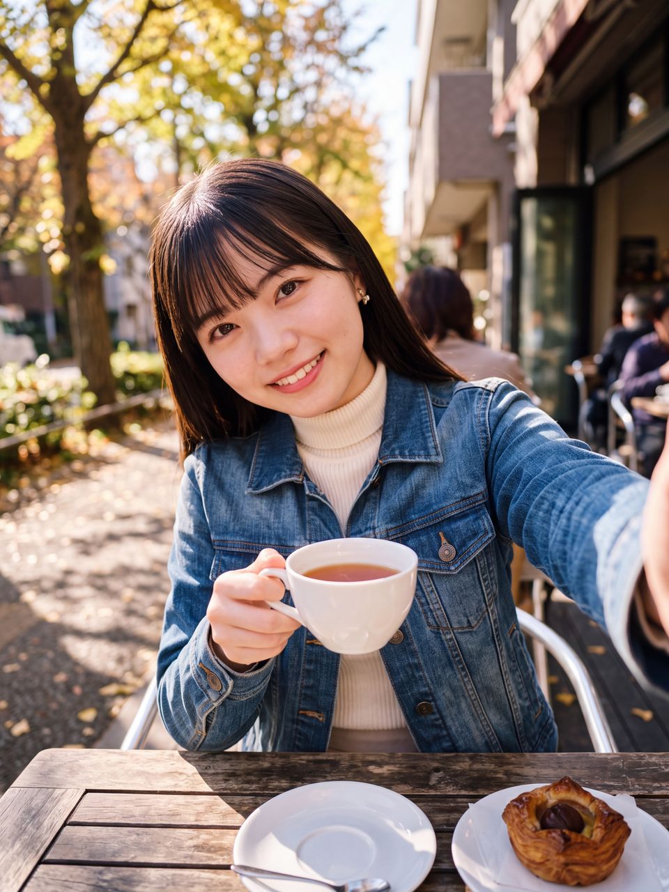 秋のテラス席で温かい紅茶のティーカップを手に優しく微笑む小鳥遊ひなの自撮りショット