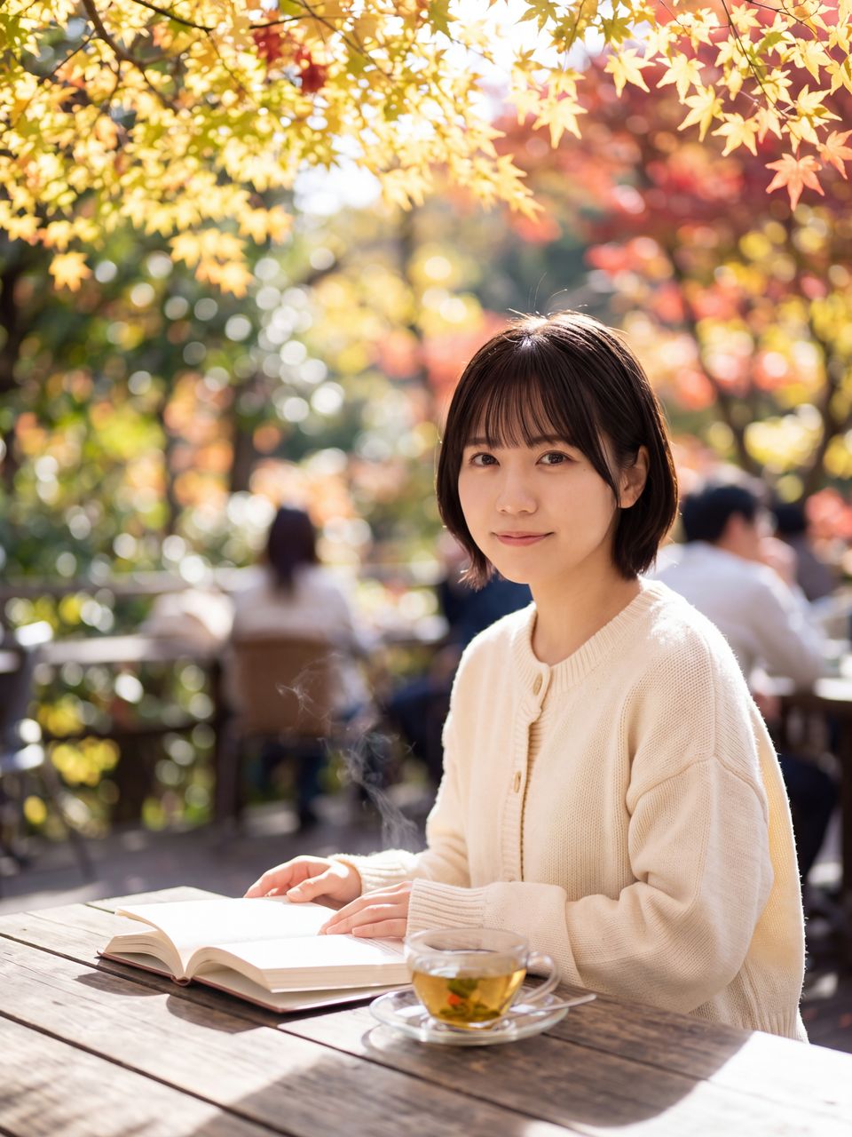 秋の木漏れ日が差し込むテラス席で本とハーブティーを前に優しく微笑む天音かなで