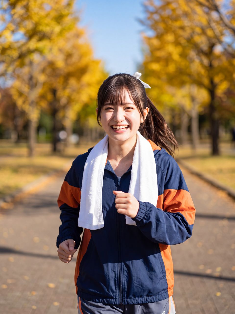 秋晴れの公園で朝ランニング後に笑顔を見せる瀬戸朝陽