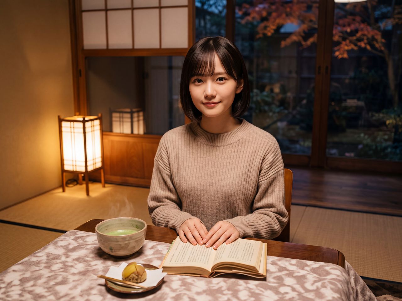 行灯の柔らかな光が灯る和室で、開かれた本とお抹茶、栗の和菓子を前に上品に微笑む白石紬