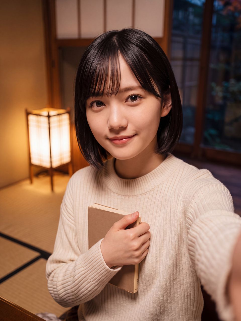 読んでいる本をそっと胸元に抱き、カメラに向けて穏やかで優しい微笑みを向ける白石紬の自撮りショット