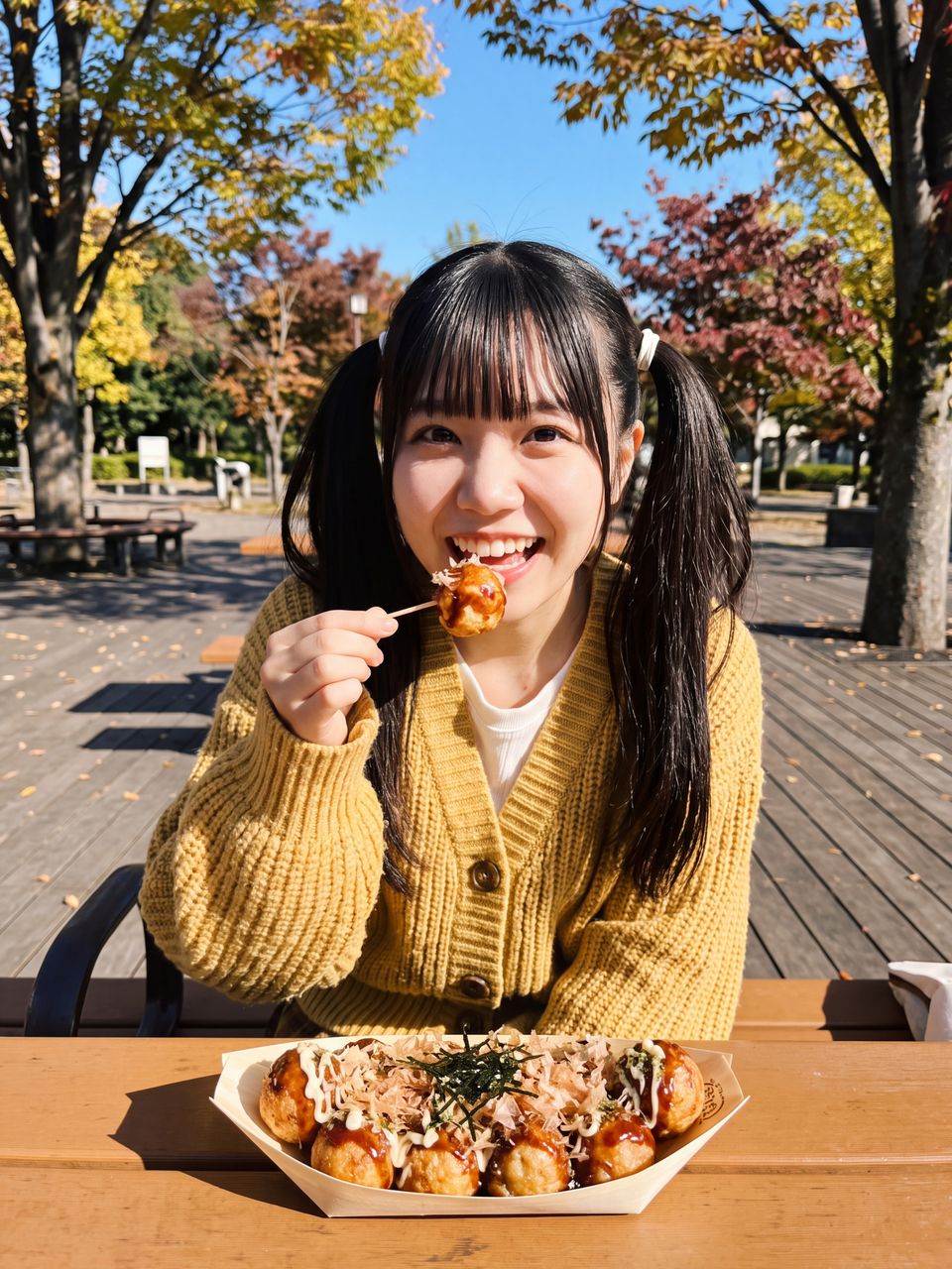 秋晴れの公園ウッドデッキテラスで、舟皿の出来立てアツアツたこ焼きを爪楊枝で持ち上げて満開の笑顔を見せる葉月柚子