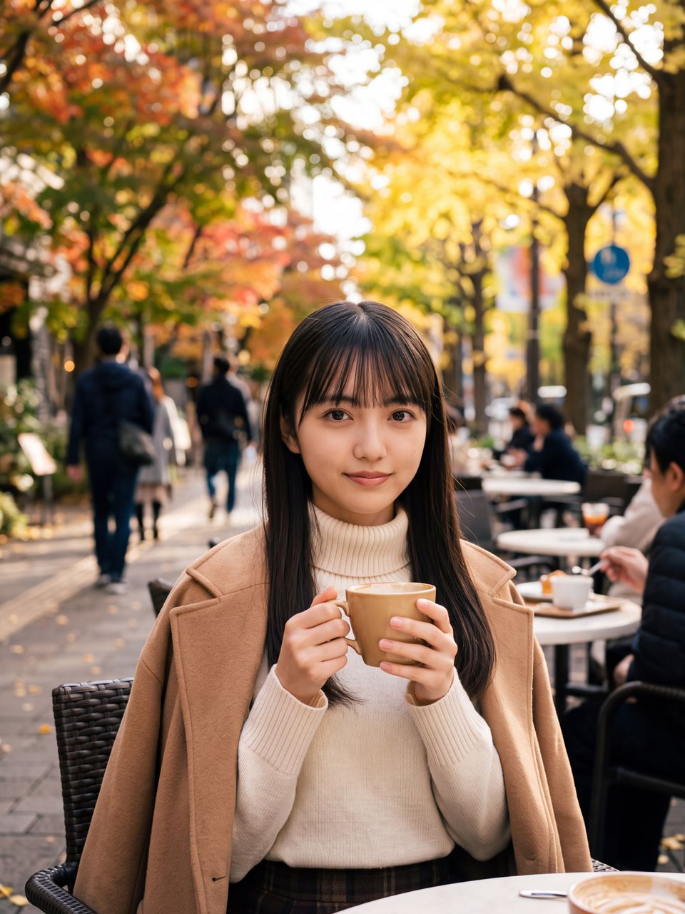 秋の柔らかな光が差し込むオープンテラスでアイボリーのタートルネックとキャメルコートを纏い温かいカップを手に微笑む如月玲奈