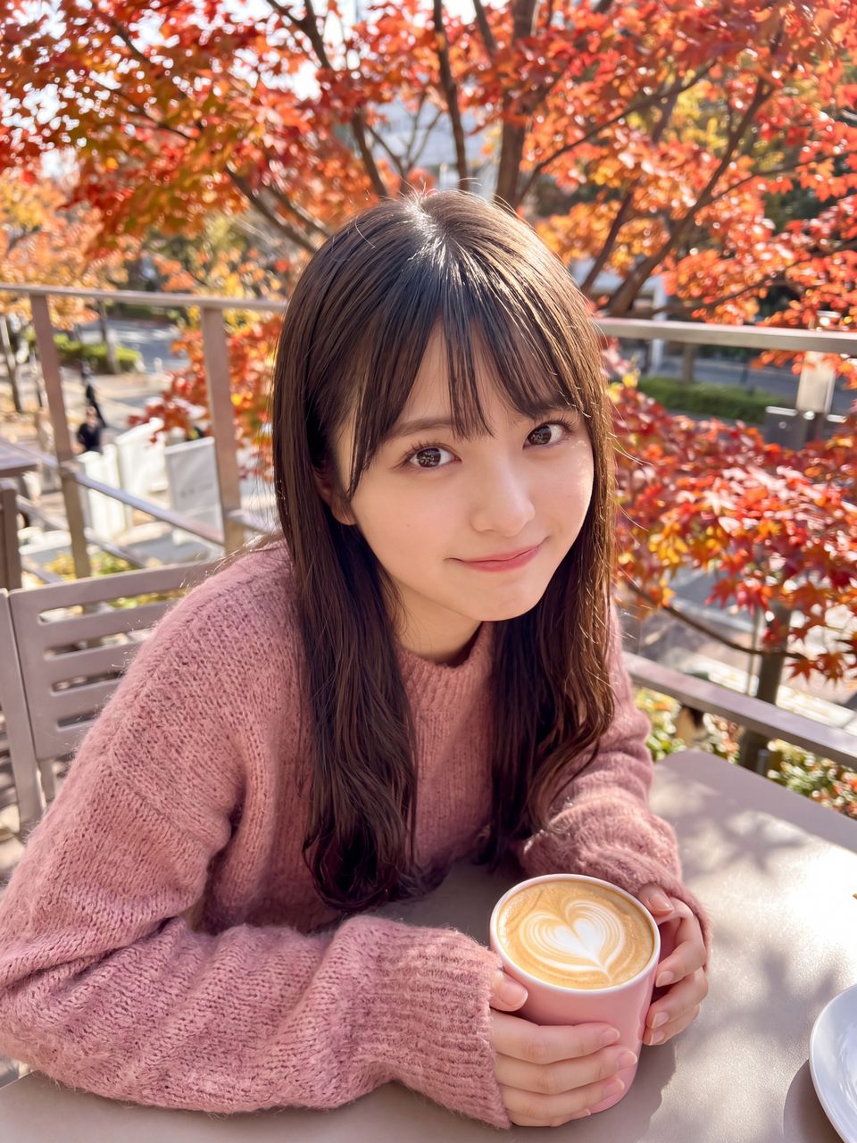 秋のテラスカフェでピンクラテを両手で持ちあざと可愛い上目遣いで微笑む姫宮桃