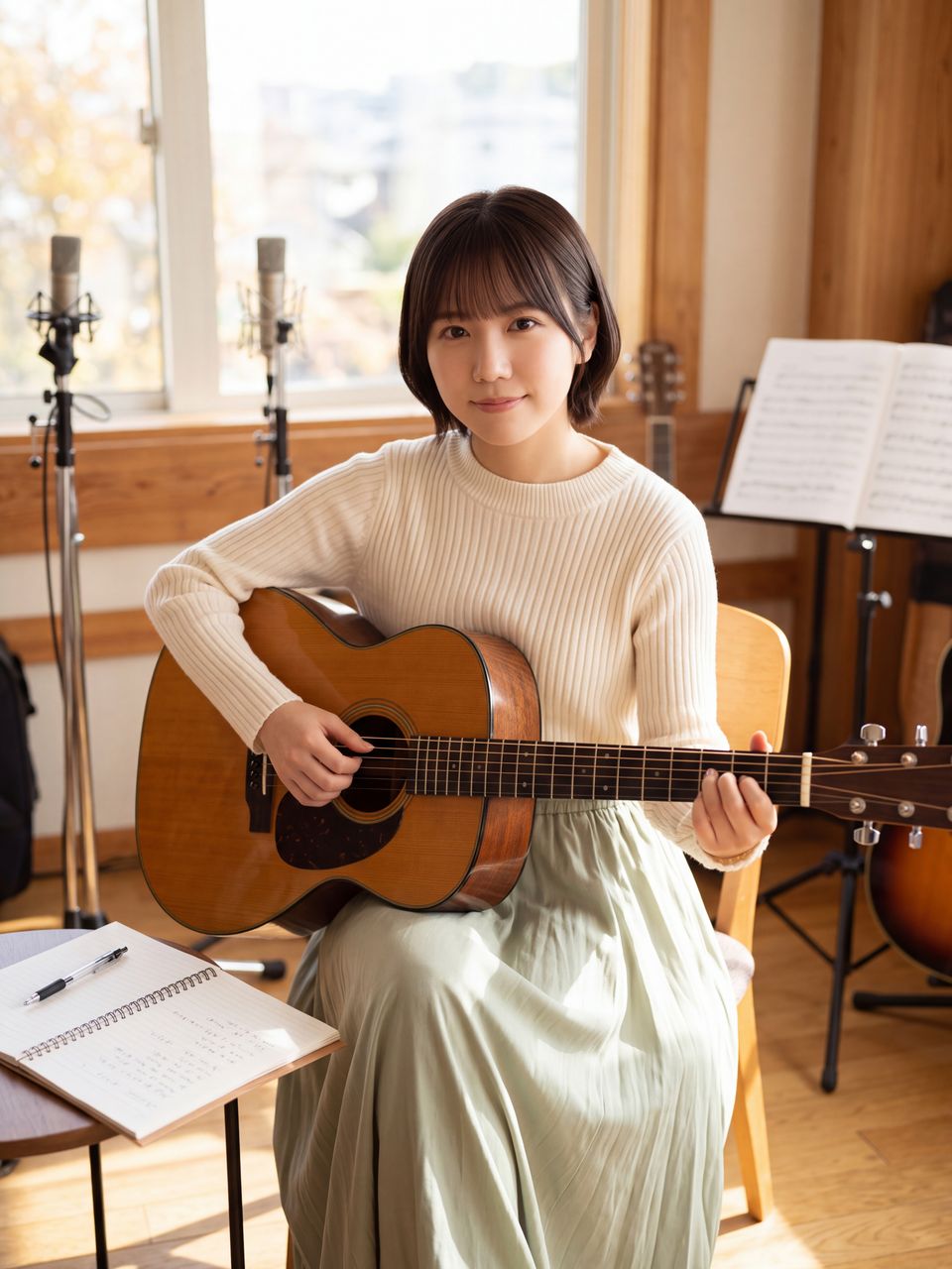 秋の柔らかな光が差し込む音楽スタジオでアコースティックギターを抱えて穏やかに微笑む天音かなで
