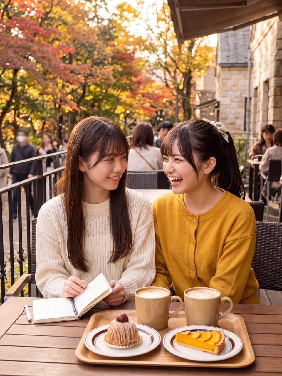 秋の柔らかな木漏れ日が差し込むオープンテラスカフェで温かいカフェラテと秋スイーツを前に優しく寄り添う小鳥遊ひなと瀬戸朝陽のツーショット