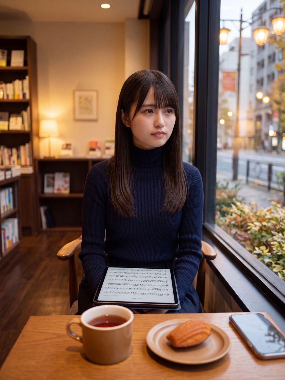 秋の夕暮れのブックカフェ窓際席でタブレットの音楽スコアと温かい紅茶を前に知的に佇む蒼井瑠璃
