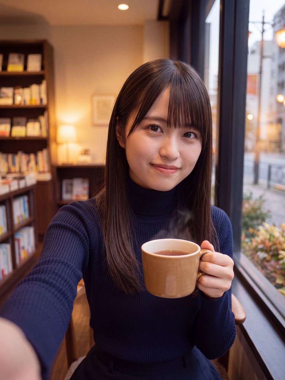 ブックカフェの温かな照明の下でティーカップを手に控えめに微笑む蒼井瑠璃のセルフィーショット