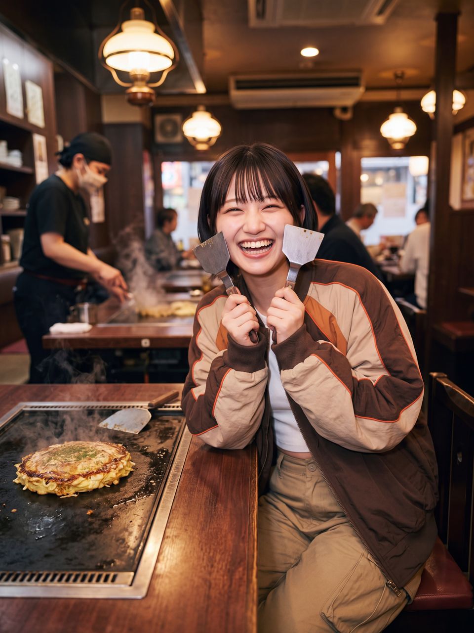 香ばしい湯気が立ち上るアツアツの鉄板焼きお好み焼きを前に、両手にコテを持ってほっぺに当てながら満面の笑顔を向ける神楽坂舞