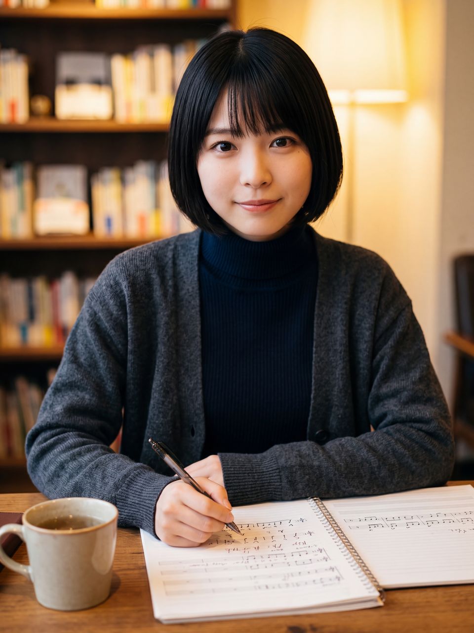 落ち着いたネイビーのタートルネックニットとカーディガン姿で、ラップの記号が書き込まれた譜面ノートとハーブティーを前に微笑む星野美月