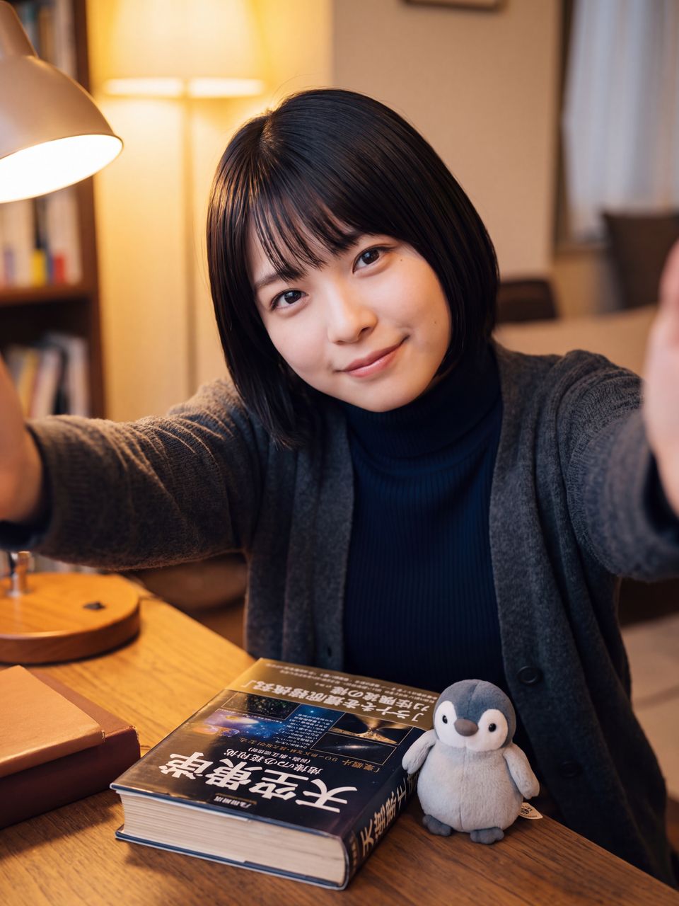 読書灯の灯るデスクで天文学の書物と小さなペンギンのぬいぐるみを前に、少し首を傾げて穏やかに微笑む星野美月の自撮り写真