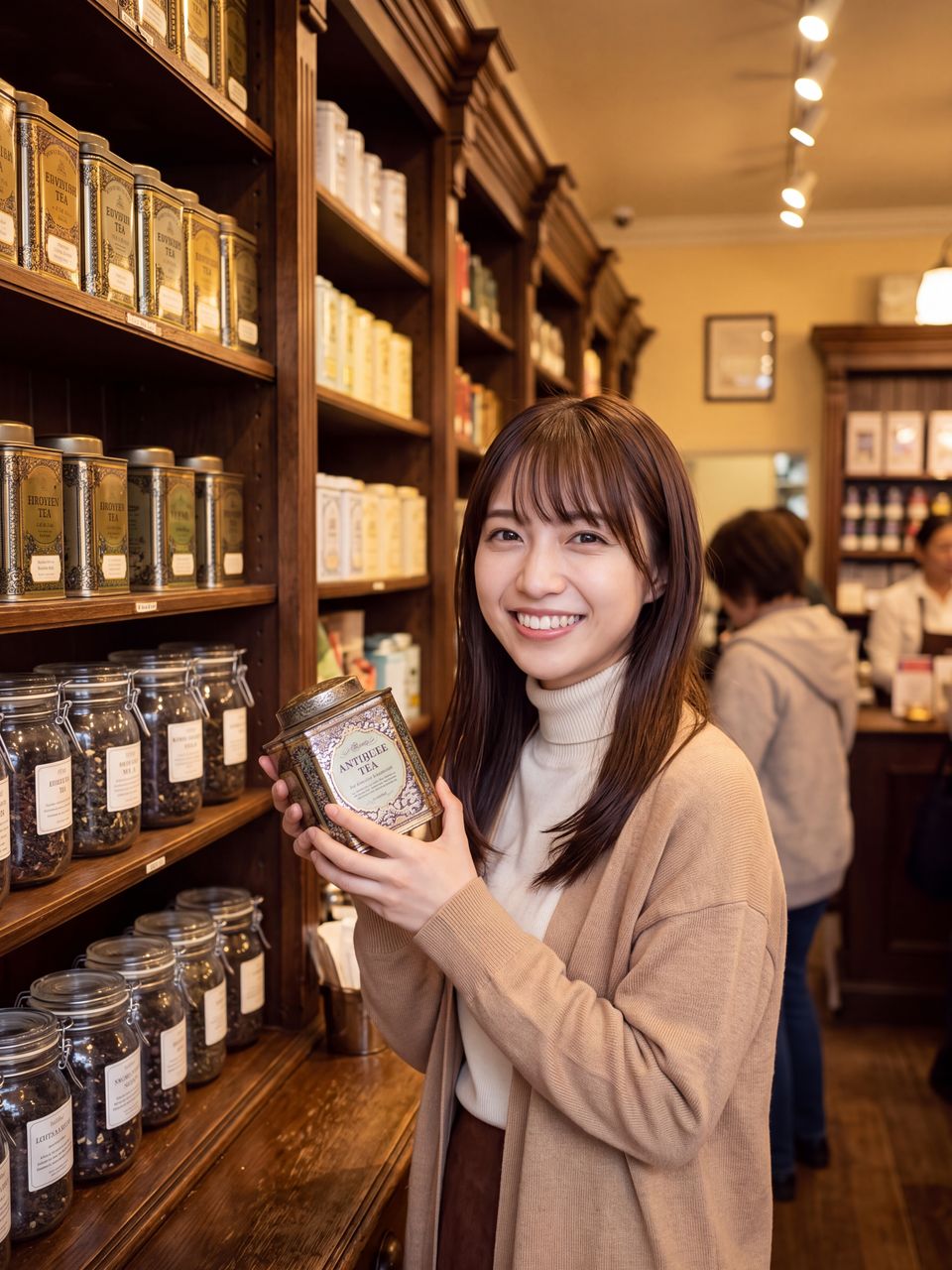クラシカルな紅茶専門店でお気に入りの紅茶缶を手に微笑む橘ひかり