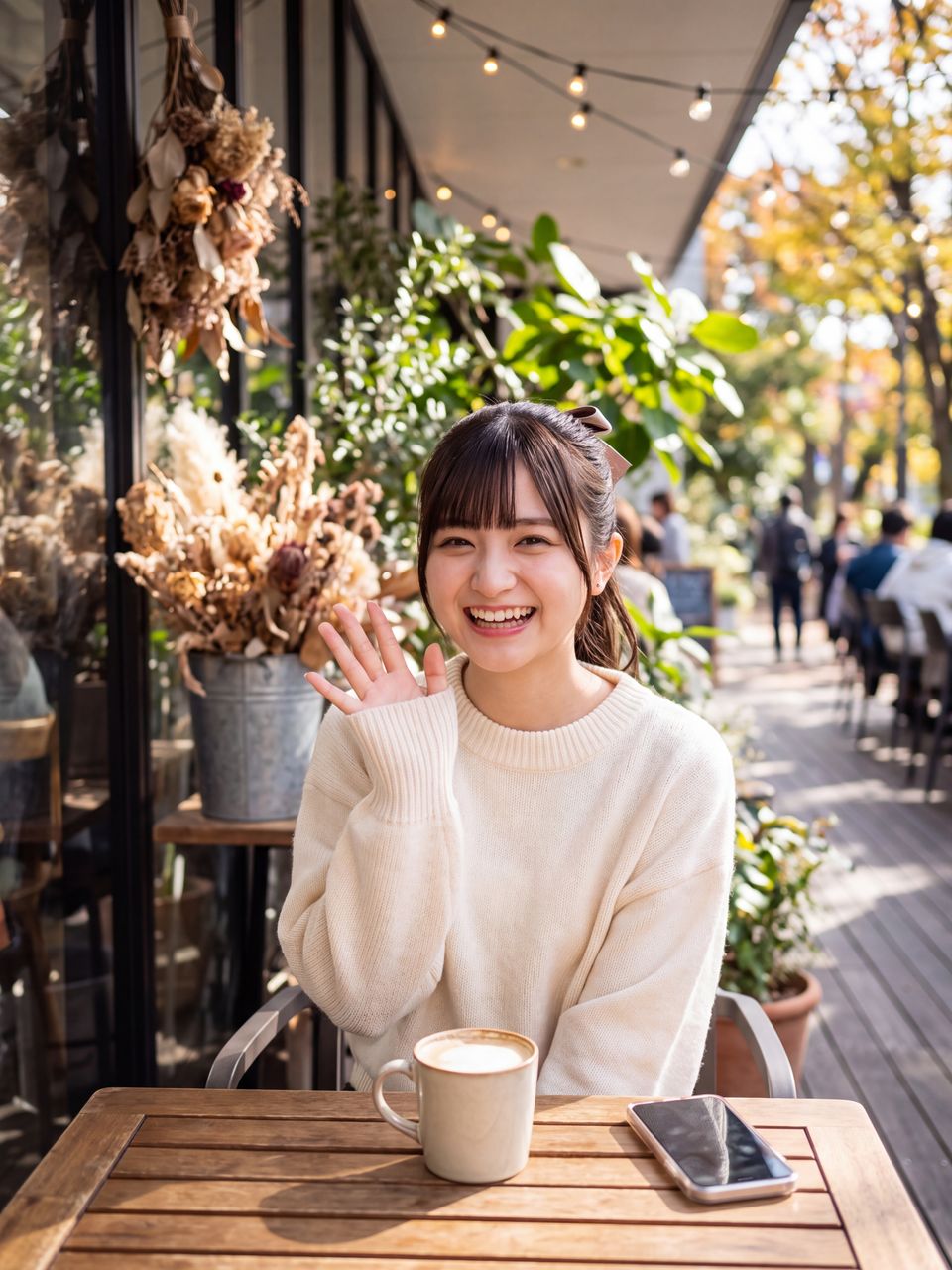秋晴れのテラスカフェで元気に手を振る瀬戸朝陽