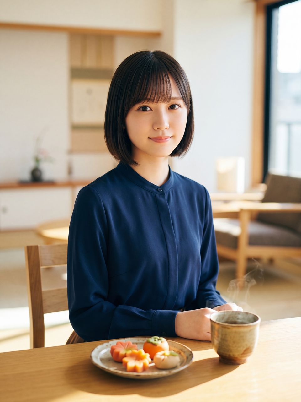 落ち着いた和モダンなスタジオラウンジで、手作りの秋の和菓子とお茶を前に優しく微笑む白石紬