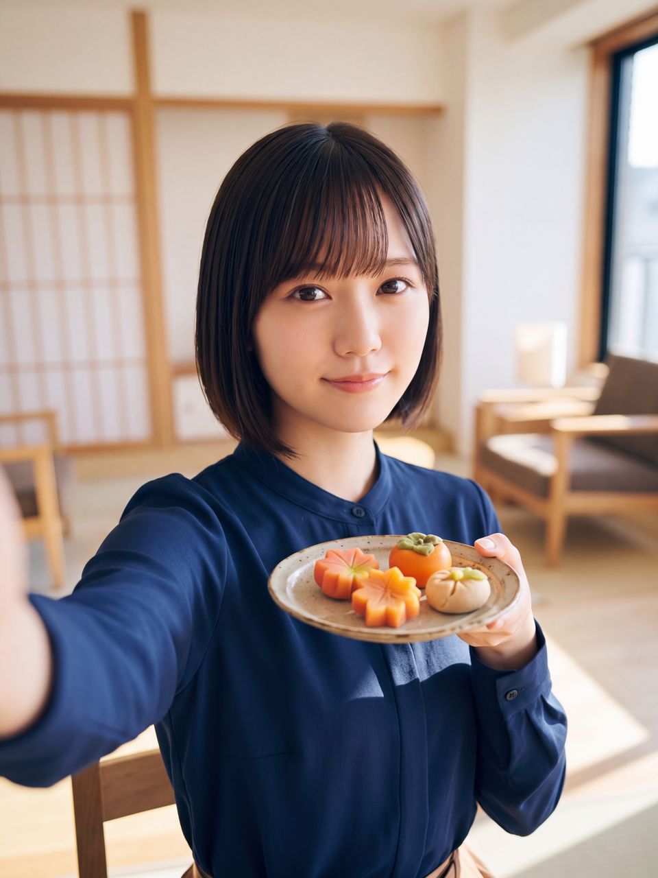 手作りの和菓子が載った小皿を見せながら、奥ゆかしく上品に微笑む白石紬の自撮りショット