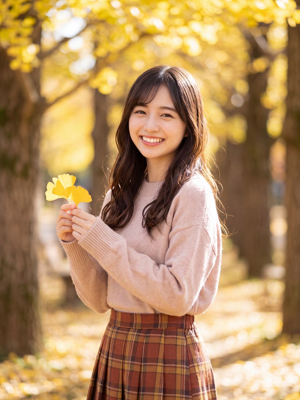 秋晴れのイチョウ並木道で、黄色い落ち葉を両手に持って満面のきらきら笑顔を浮かべる夢咲さくら