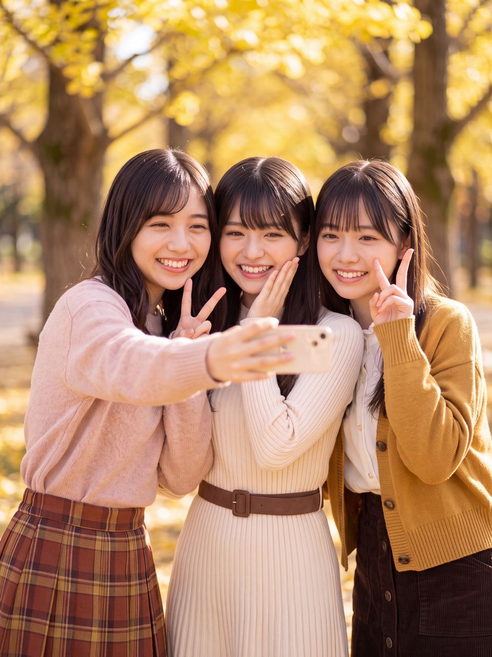 イチョウ並木道で仲良く身を寄せて自撮りをする夢咲さくら・姫宮桃・小鳥遊ひなの3人集合写真